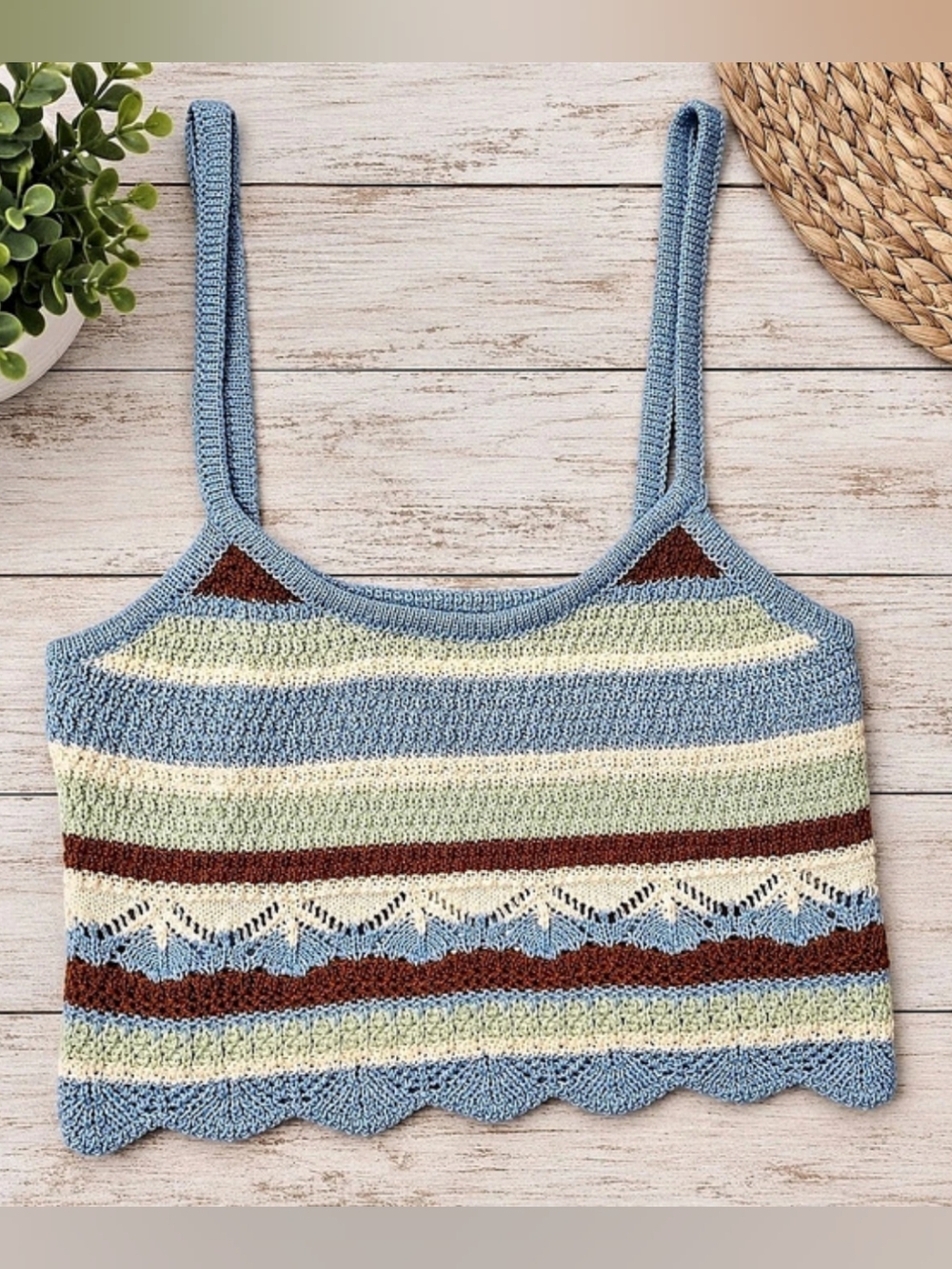 No Comment NY LA Crochet Crop Top Large Blue Green Brown White